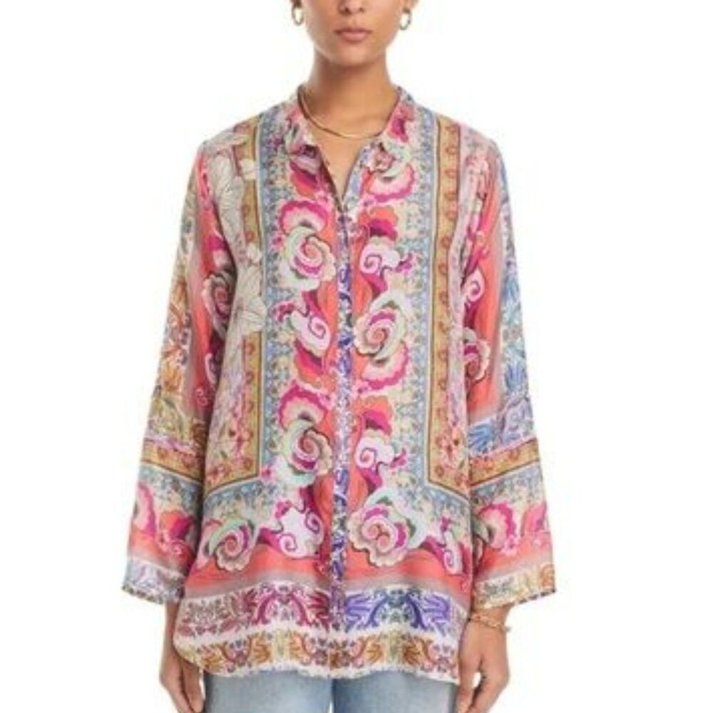 Johnny Was Modey Dahlia Silk Tunic Size L Floral Paisley Patchwork Boho Chic